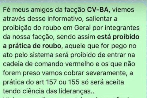 Insegurança: Suposto comunicado do CV no WhatsApp proíbe morte de inocentes por gesto de facção rival