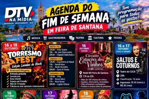 Feira de Santana terá fim de semana com festival gastronômico, shows de rock, teatro e festas temáticas